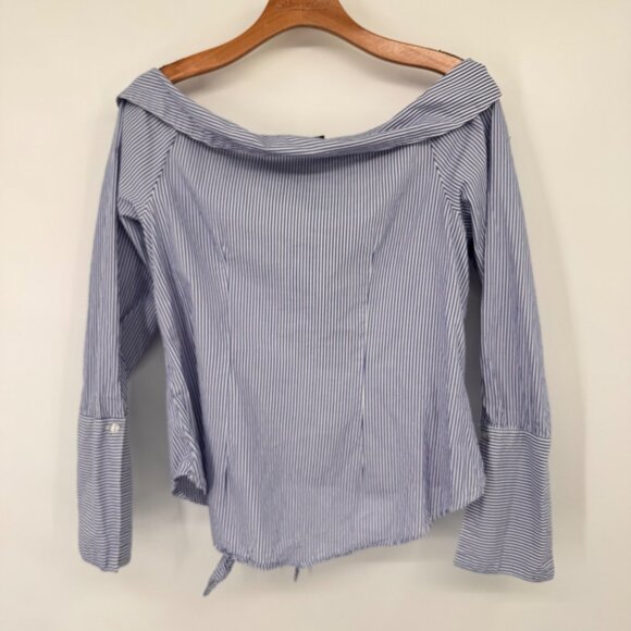 Romeo Juliet Striped Off-Shoulder Blouse Tie Waist & Bell Sleeves size large - Picture 7 of 9